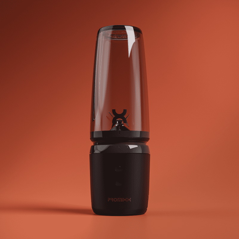 A PROMiXX SENSE Intelligent Cordless Portable Blender, with an orange backdrop, features a black solid base housing blend buttons and a clear top section with a mixer blade for on-the-go blending.