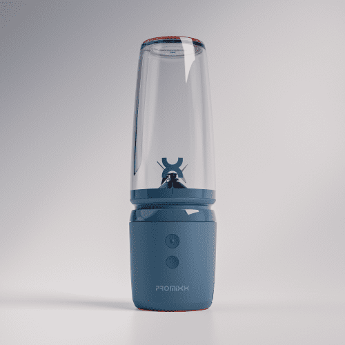 A blue SENSE Intelligent Cordless Portable Blender by PROMiXX is displayed against a plain background. Its base, with intuitive buttons and the brand name 