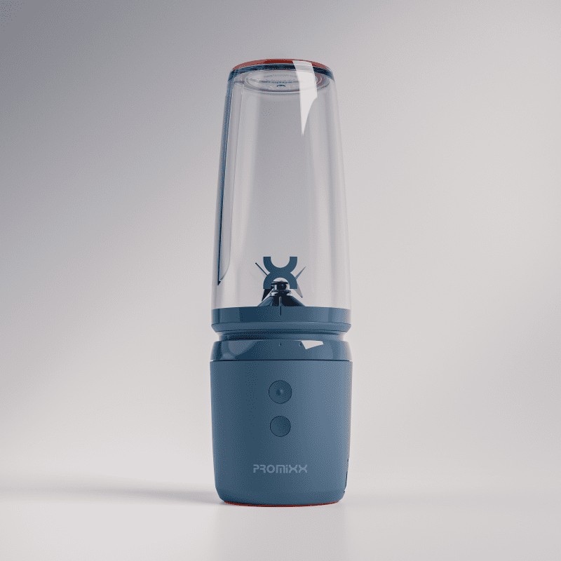 A blue SENSE Intelligent Cordless Portable Blender by PROMiXX is displayed against a plain background. Its base, with intuitive buttons and the brand name "PROMiXX," highlights its cordless design, while the transparent blending container is inverted on the base.