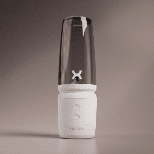 The SENSE Intelligent Cordless Portable Blender by PROMiXX boasts a sleek white and black design with intelligent blending, featuring a transparent container securely attached to the base with two buttons. The blender's cordless versatility is highlighted on a neutral, softly lit background.