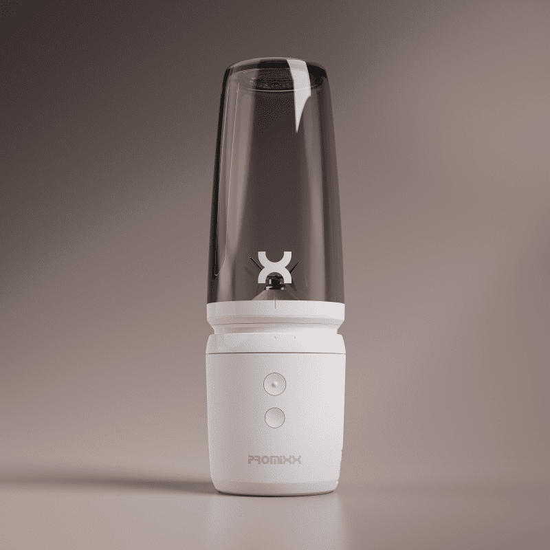 The SENSE Intelligent Cordless Portable Blender by PROMiXX boasts a sleek white and black design with intelligent blending, featuring a transparent container securely attached to the base with two buttons. The blender's cordless versatility is highlighted on a neutral, softly lit background.